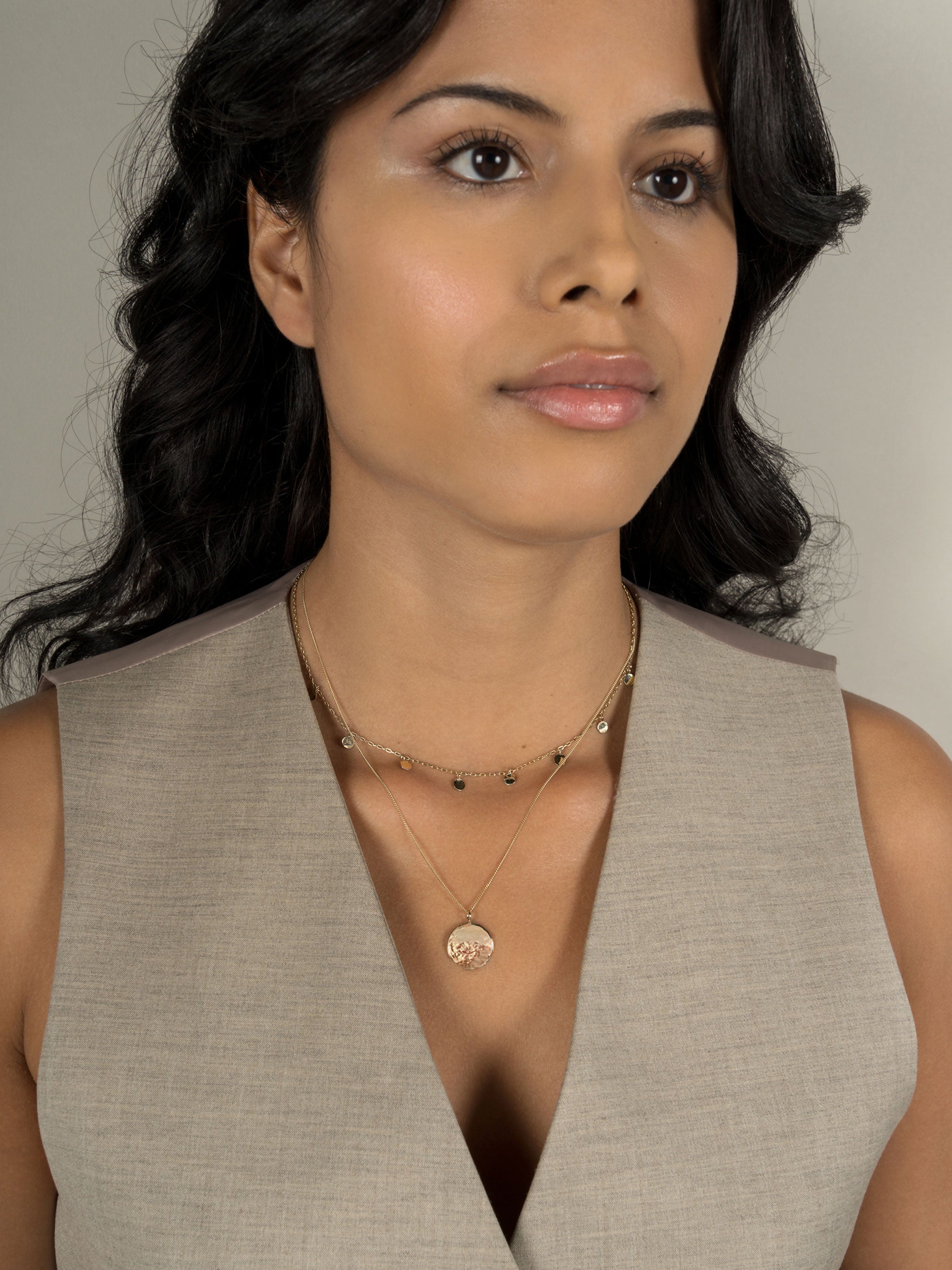 Lavey London's Solid 9ct Gold Hammered Disc Pendant and Drop Charm Chocker Shown on Model
