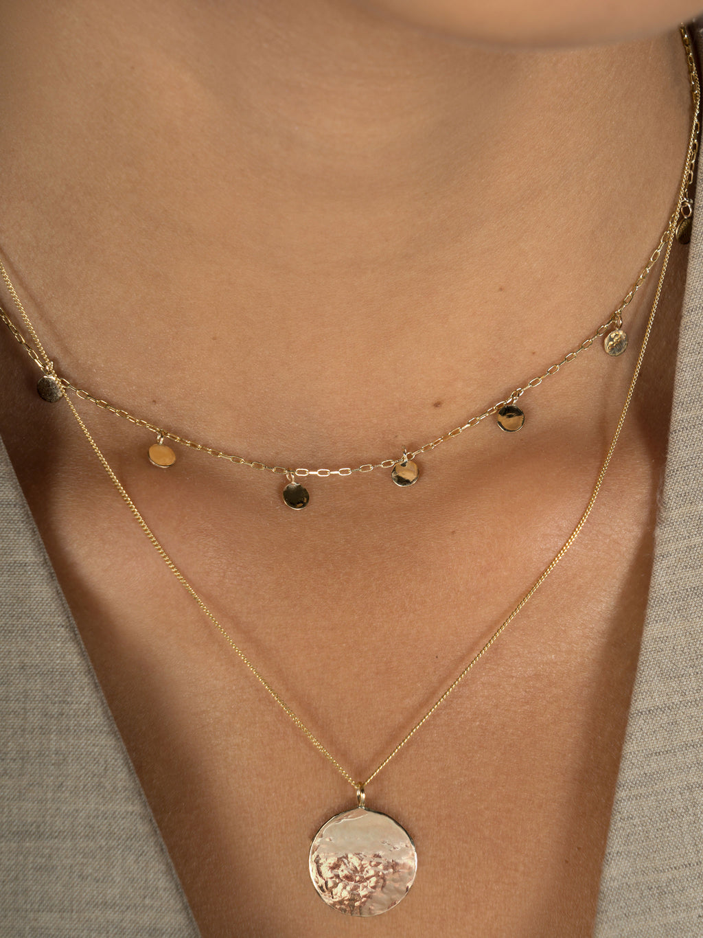 Lavey London's Solid 9ct Gold Hammered Disc Pendant and Drop Charm Chocker Shown on Model
