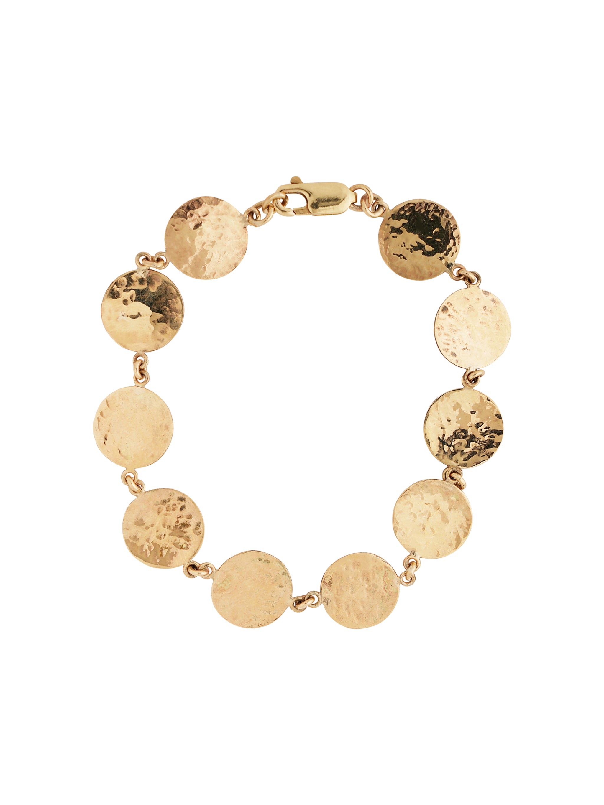 Lavey London's Solid 9ct Gold Hammered Large Disc Bracelet Displayed on A White Background