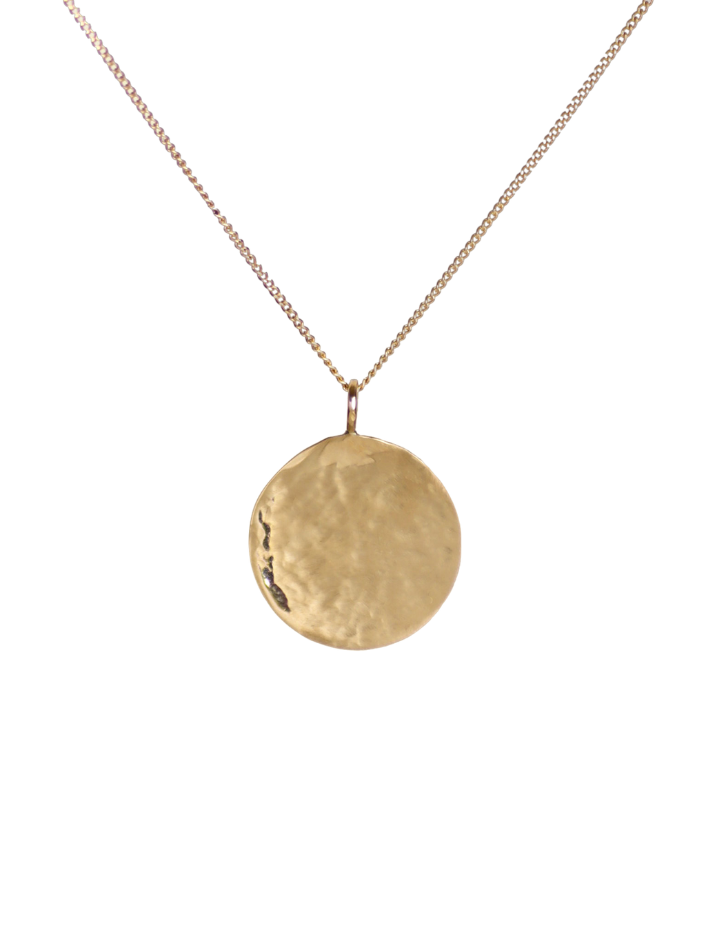 Lavey London Solid Gold Hammered Large Disc Pendant on White Background