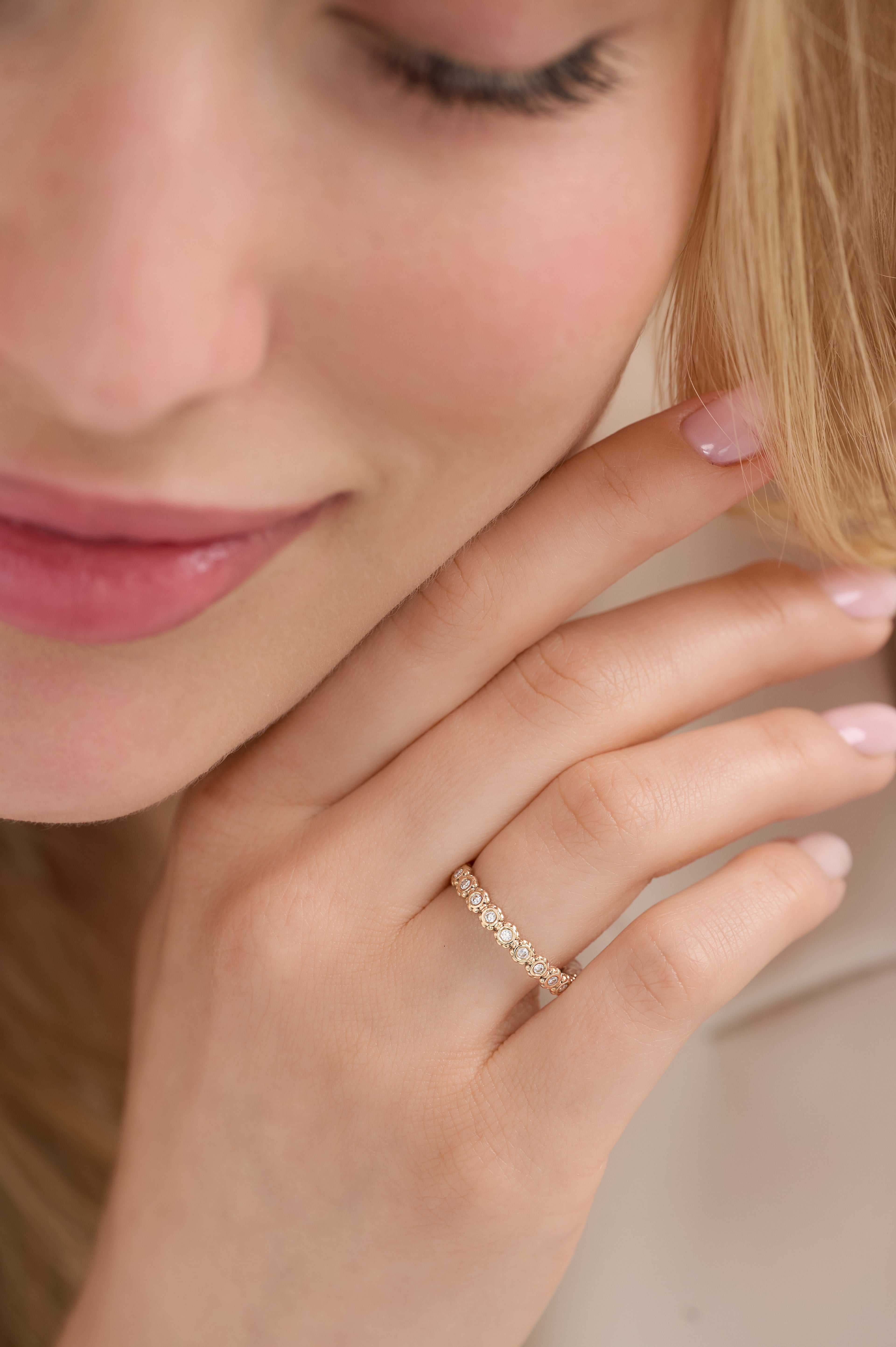 Solid Gold Bezel Set Diamond Beaded Eternity Band