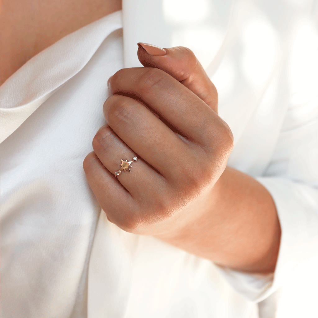 Solid 9ct Gold Bezel Set Moissanite North Star Stacking Ring