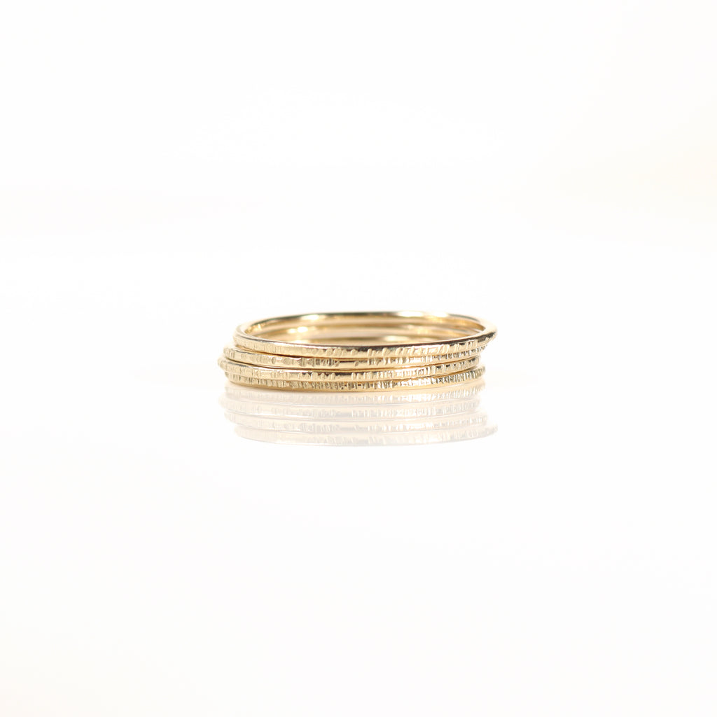 Handmade Solid 9ct Gold Skinny Stack Rings with Organic Bark Texture