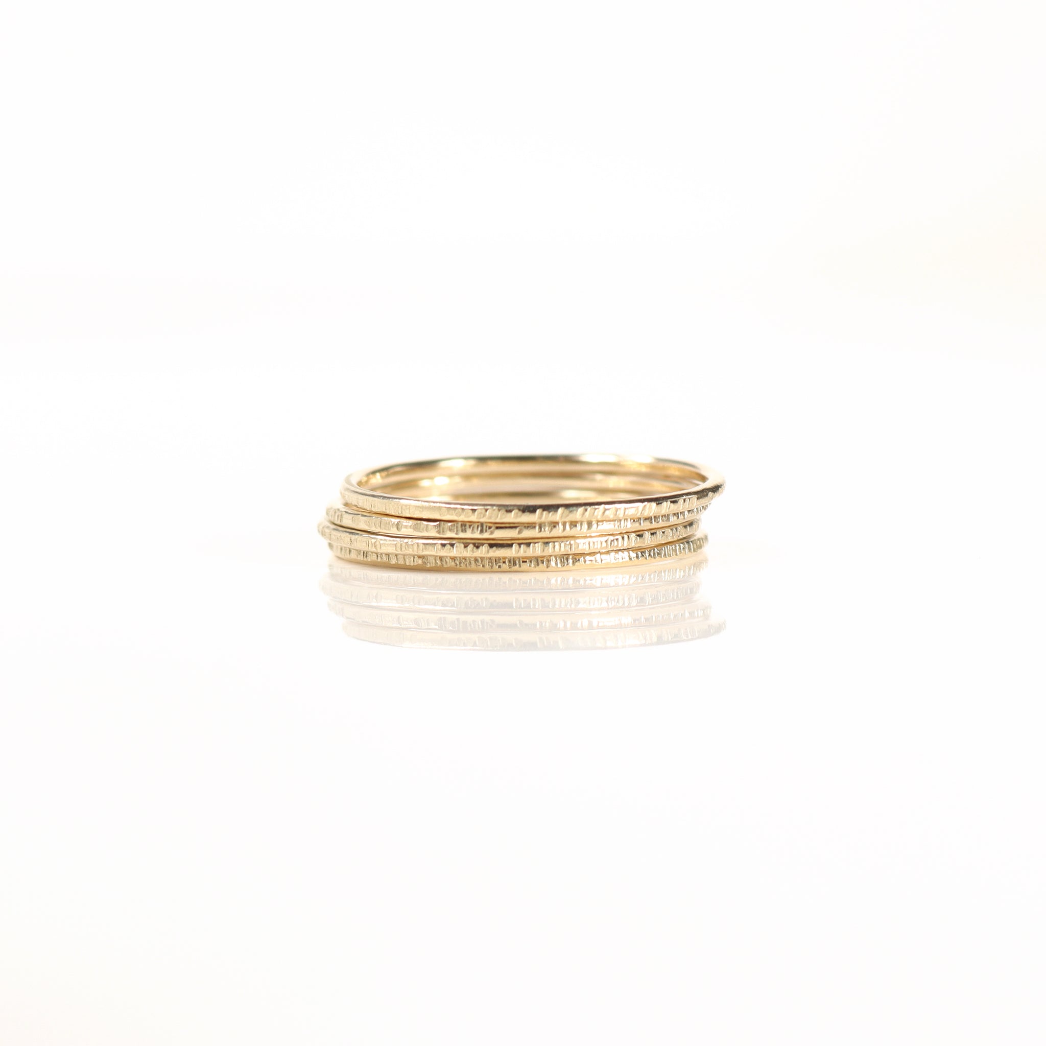 Handmade Solid 9ct Gold Skinny Stack Rings with Organic Bark Texture