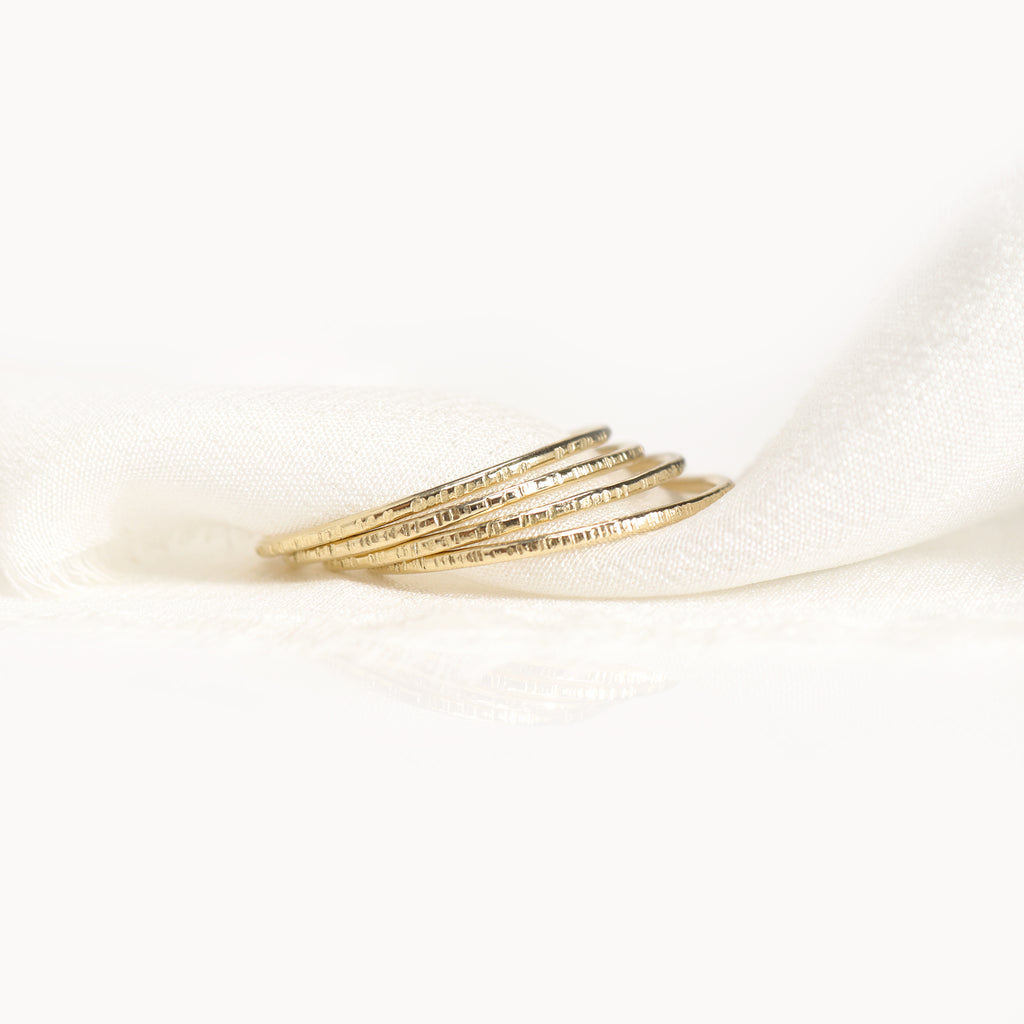 Lavey London Skinny 9ct Yellow Gold Bark Textured Stack Rings